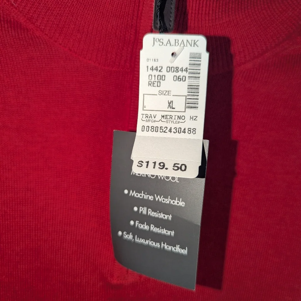 XL NWT Mens JoS. A. Bank Traveler's Collection Red Merino Wool 1/4 Zip Sweater